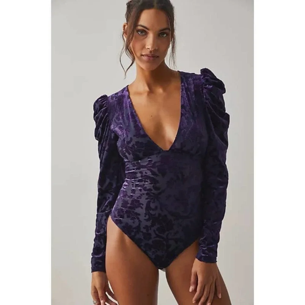 Free People NWT Magic Hour Velvet Puff Bodysuit Deep Sea Combo Size XS OB1570815